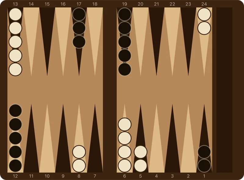 A backgammon board displaying the 3-1 opening roll making the 5-point with 8/5 6/5