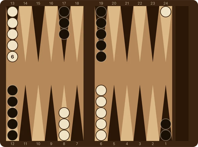A backgammon board displaying the 6-5 opening roll with a back checker advancing from the 24-point to the 13-point