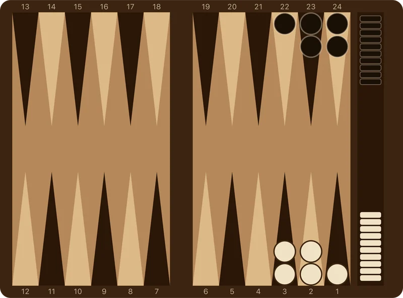 A backgammon board in a pure race bearoff with contact broken and both players removing checkers