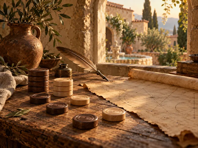 A rustic wooden tabletop beside an arched stone window bathed in warm golden afternoon sunlight, featuring handcrafted dark walnut and light maple checkers discs, an antique quill, an earthenware jar, and an unrolled geometric parchment map.