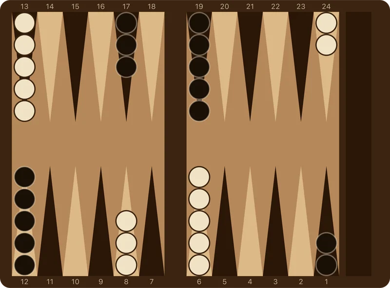 A backgammon board diagram displaying the starting layout: two checkers on the twenty-four point, five on the thirteen point, three on the eight point, and five on the six point.