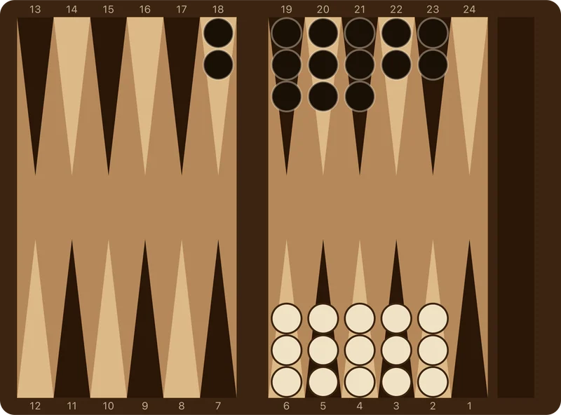 A backgammon board diagram showing a pure running race with all checkers disengaged, White on home board points two through six and Black on outer points.