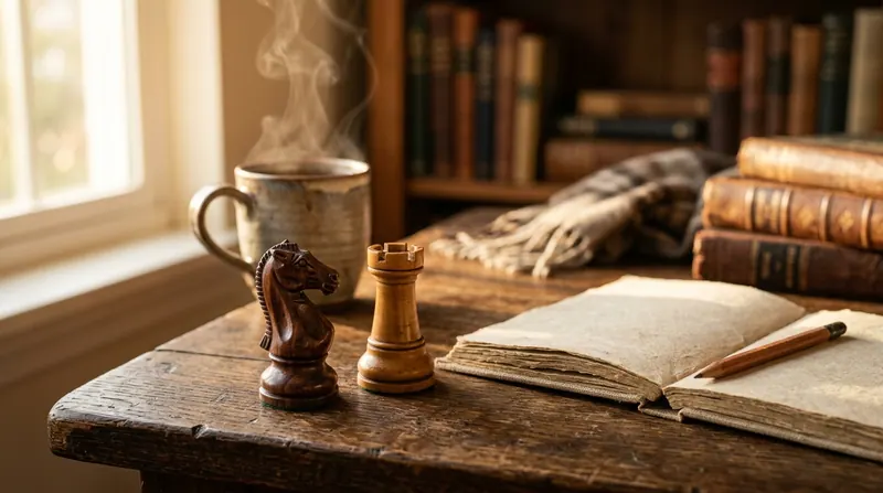Des pièces d’échecs en bois sculpté près d’un carnet ouvert et d’un crayon sur une table ensoleillée