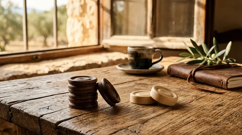 Pions artisanaux en noyer et en buis disposés sur une table rustique en bois d’olivier.