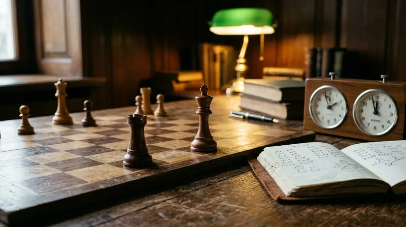 Une tour et un roi d’échecs en bois sculpté sur un échiquier vintage sous la lumière d’une lampe de bureau